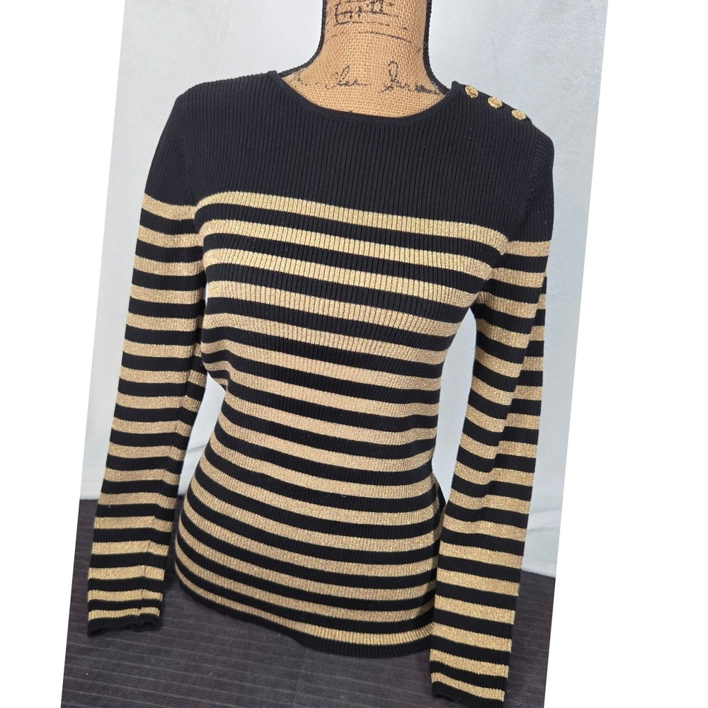 Lauren Ralph Lauren Gold Black Womens L Metalic Striped Button Shoulder Knit